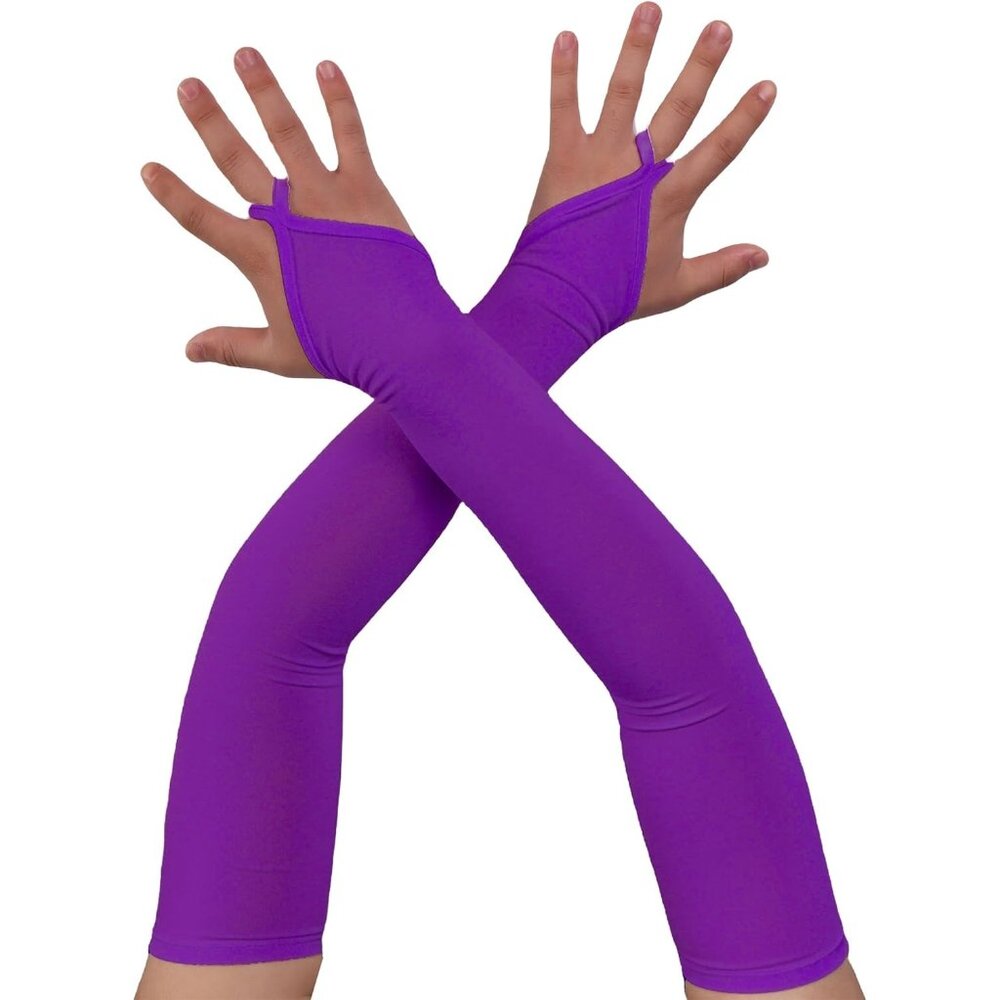 Women's Purple Finger Loop Fingerless Satin Long Gloves Halloween Party Costume